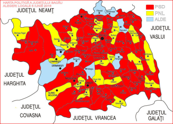 Harta politică a județului Bacău, alegeri iunie 2016