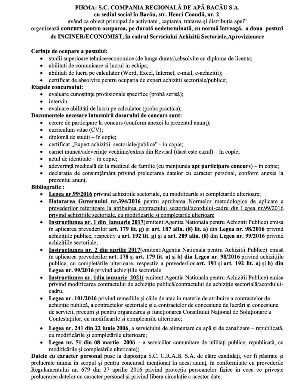 CRAB anunță concurs pentru 2 posturi de inginer/economist în cadrul Serviciului Achiziții Sectoriale, Aprovizionare - Detalii în Ziarul de Bacău